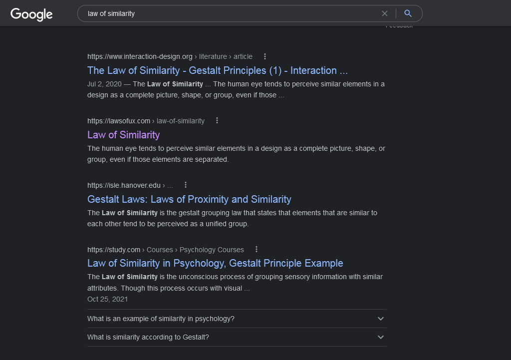 Hasil pencarian dalam Google sebagai contoh penerapan Law of Similarity