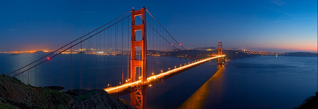 San Francisco’s Golden Gate Bridge, lit up at dusk