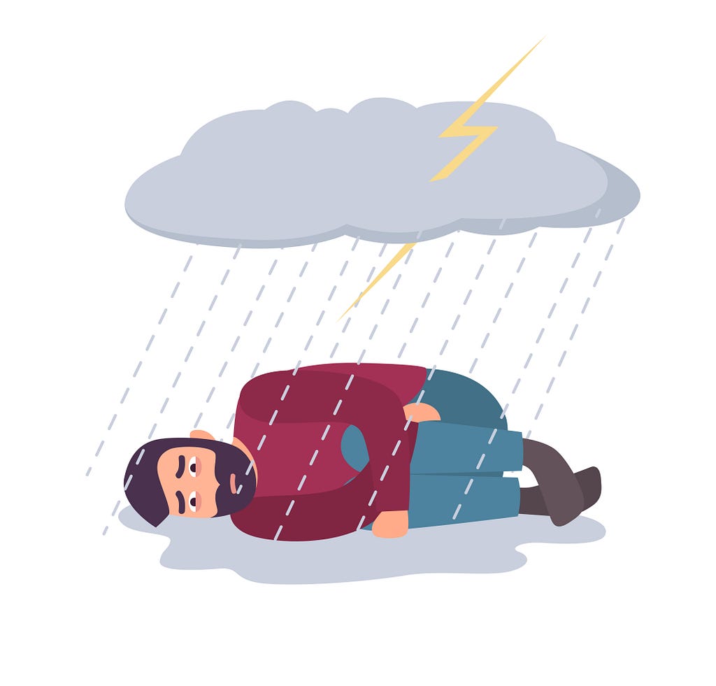 A man huddles beneath a rain cloud, troubled by AWS