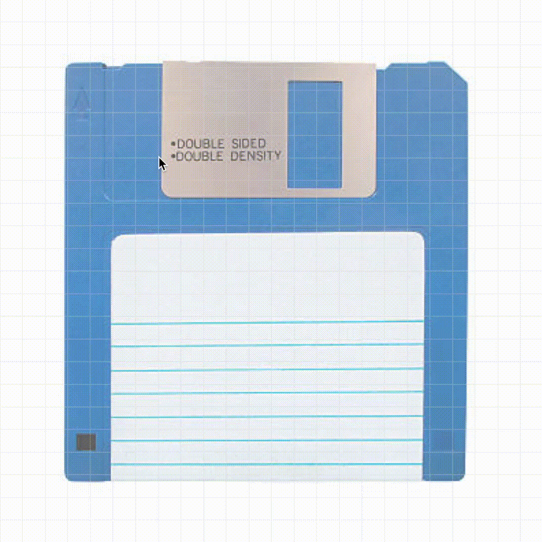 GIF of Floppy disk icon process, from image to icon using geometric shapes and an icon grid