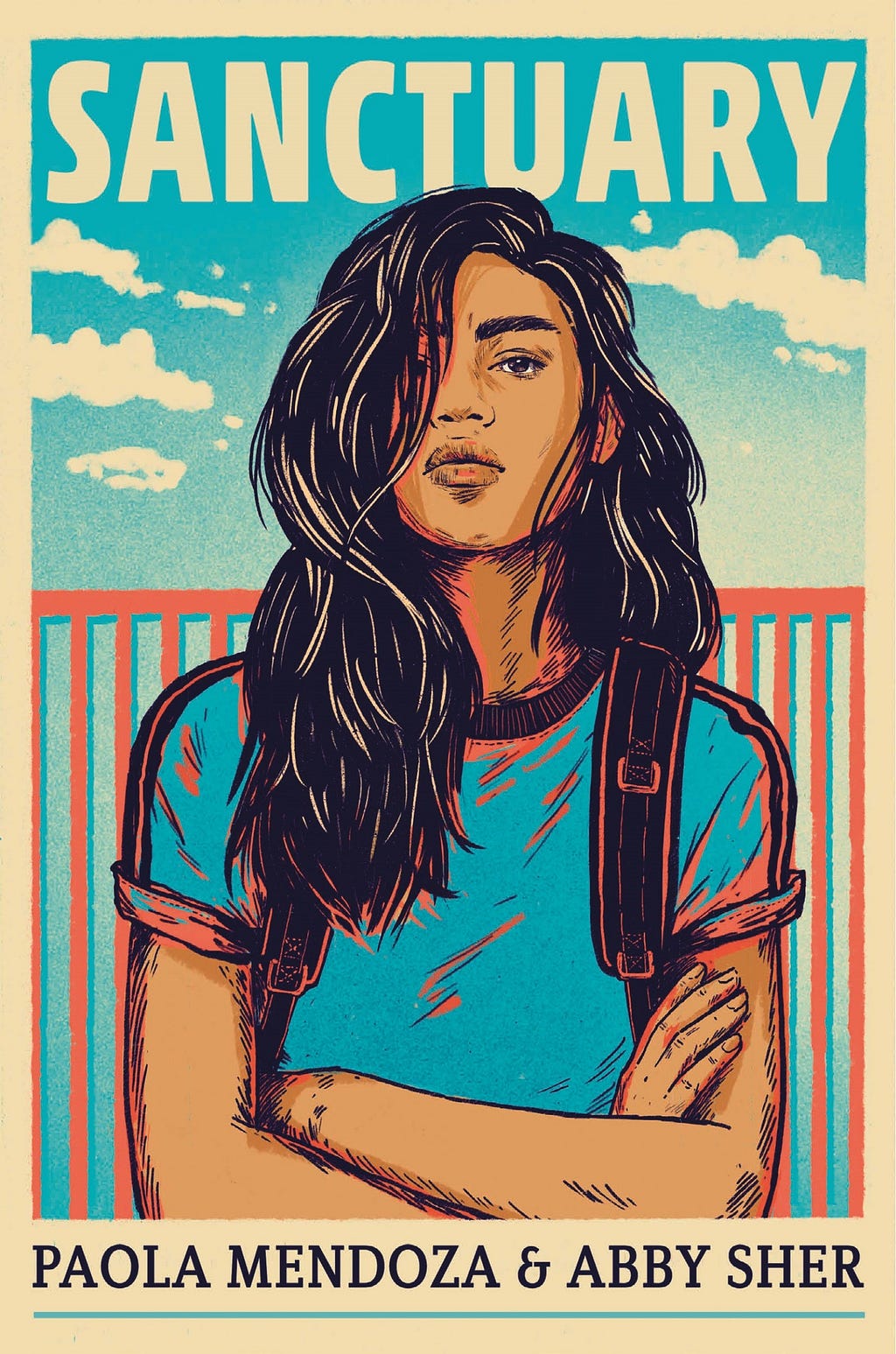 Drawing of a young girl against a red fence and blue sky behind her. Sanctuary in block letter above her.