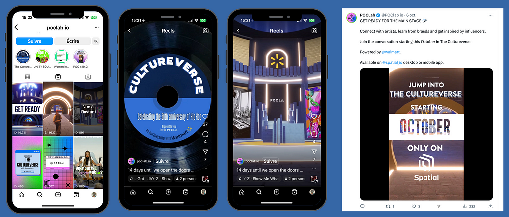 Quatre images dont trois sont des captures écrans du compte instagram du créateur du métavers PocLab montrant leur communication pour le lancement. la quatrième image est une communication sur leur réseau Linkedin annonçant la date d’ouverture du métavers en octobre.