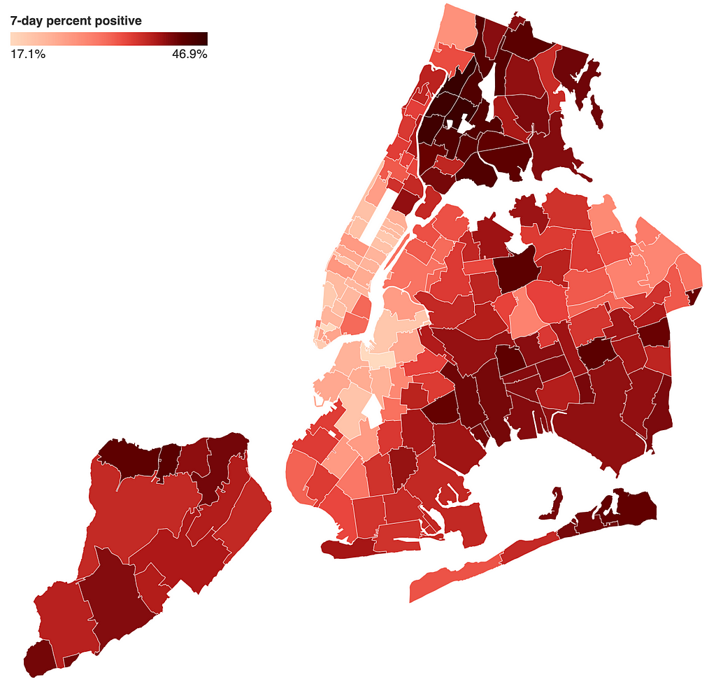 A very red map of NYC’s percentage positive COVID rate.