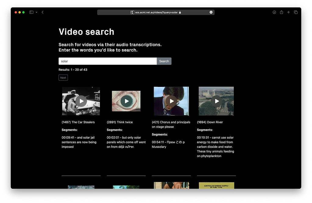 A screenshot of Safari browser with ACMI’s XOS video transcription search page loaded, showing results for the query ‘solar’.