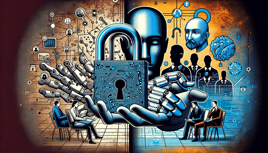 Split scene image in a graphic novel style, one side depicting a digital lock being manipulated by AI hands, and the other showing a group of thoughtful people, illustrating the dual nature of AI’s potential and risks.