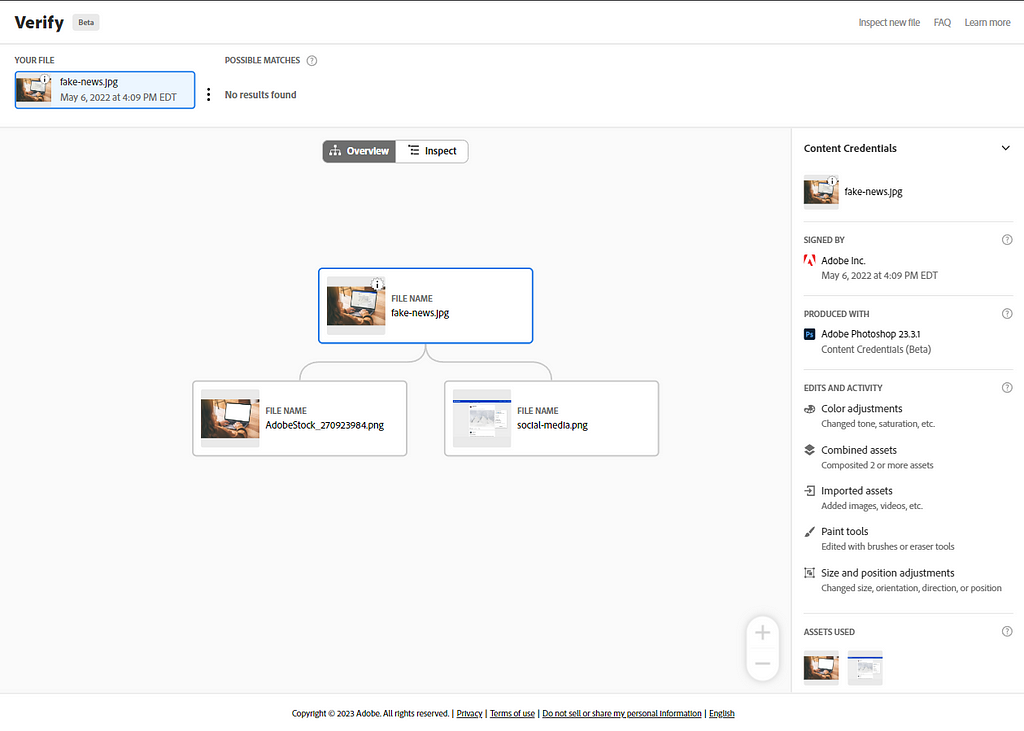 Adobe Content Authenticity Initiative Verify interface showcasing the various aspects of image metadata and what transaformations have been applied to the image