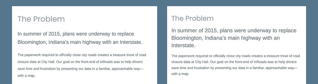 Two screenshots showing what typography on my site looked like before and after this exercise.