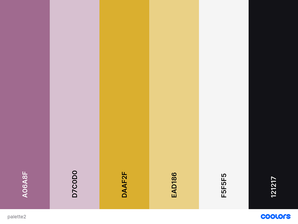 a color palette including (left to right): purple, light purple, mustard yellow, light yellow, white, and soft black