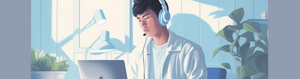 Illustration of an Asian man using a laptop with headphones on
