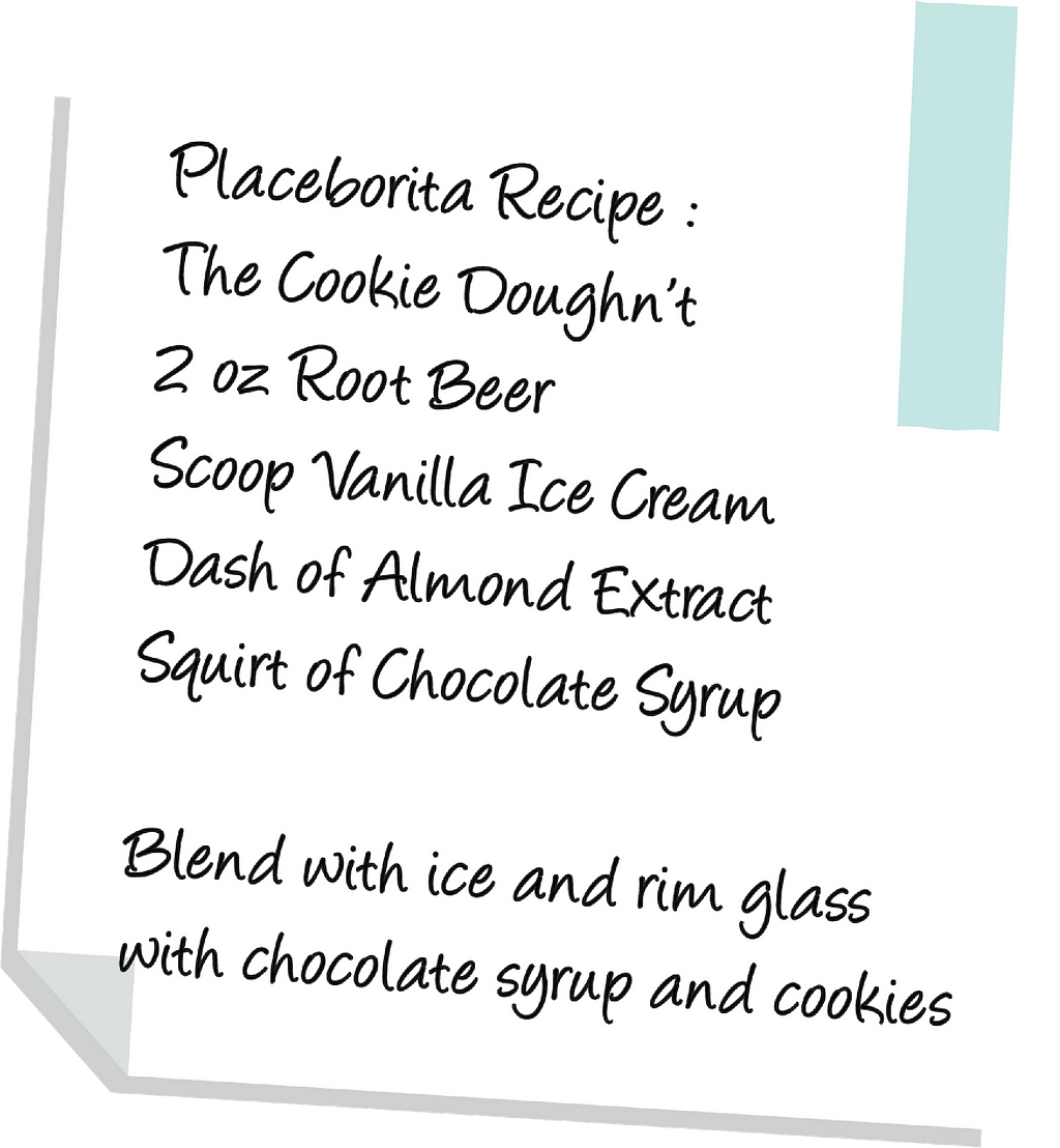 Placeborita Recipe: The Cookie Doughn’t, 2 oz Root Beer, Scoop Vanilla Ice Cream, Dash of Almond Extract, Squirt of Chocolate Syrup. Blend with ice and rim glass with chocolate syrup and cookies.
