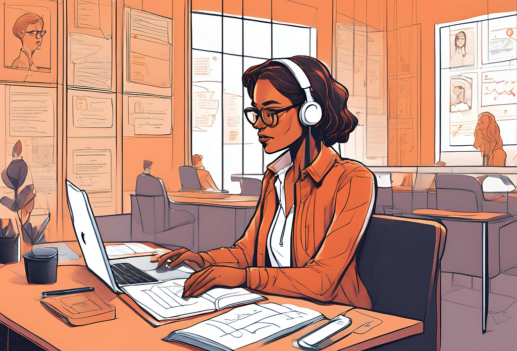Cartoon woman sat at a desk, using a laptop with headphones on. The desk has paper on it, and the room has research-like papers on the walls.