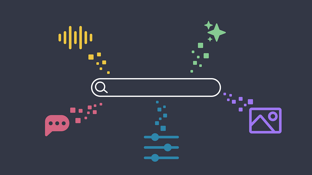 hero illustration of different UI components merging with a search box.
