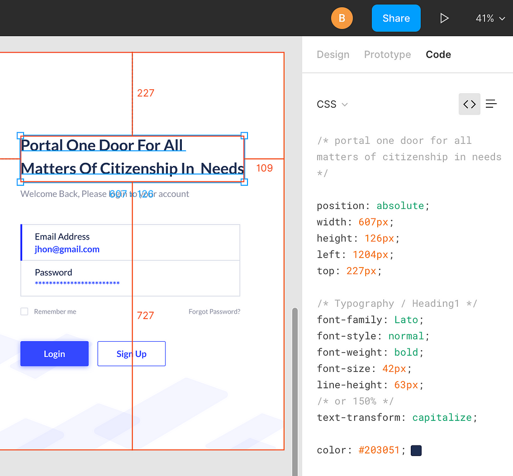 Image showing how Figma provides CSS code lines by default. The left side is the design view, the right side is the code view