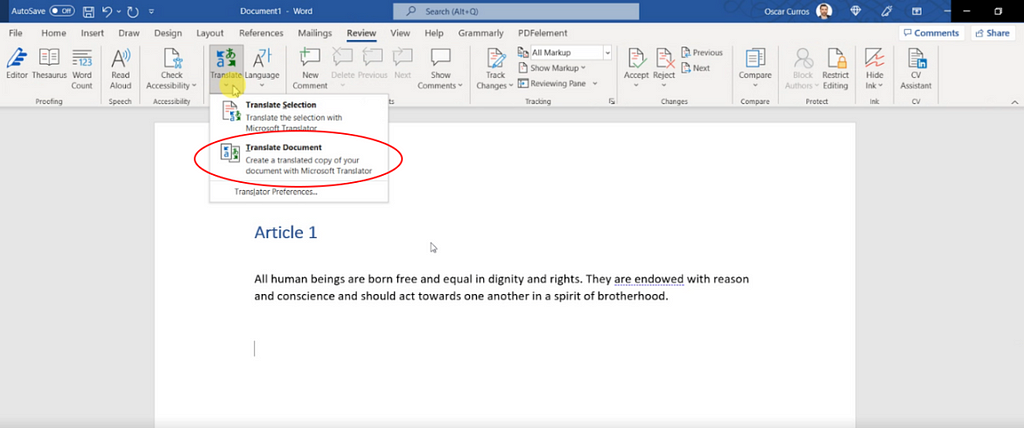 Find the option to translate a whole document in Word under the Review tab | Phrase