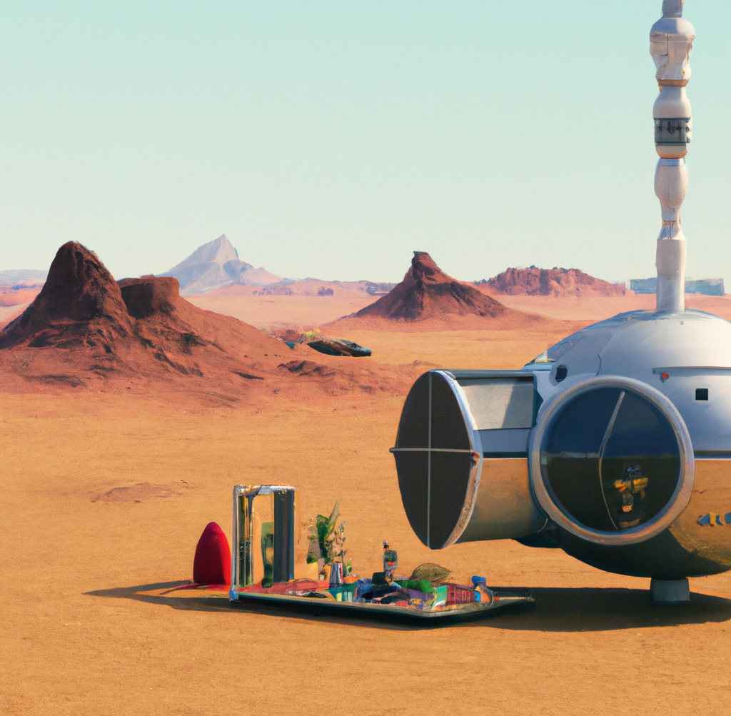 A view of a base station on Mars, with a lush environment, and food surrounded by a tranquil blue sky