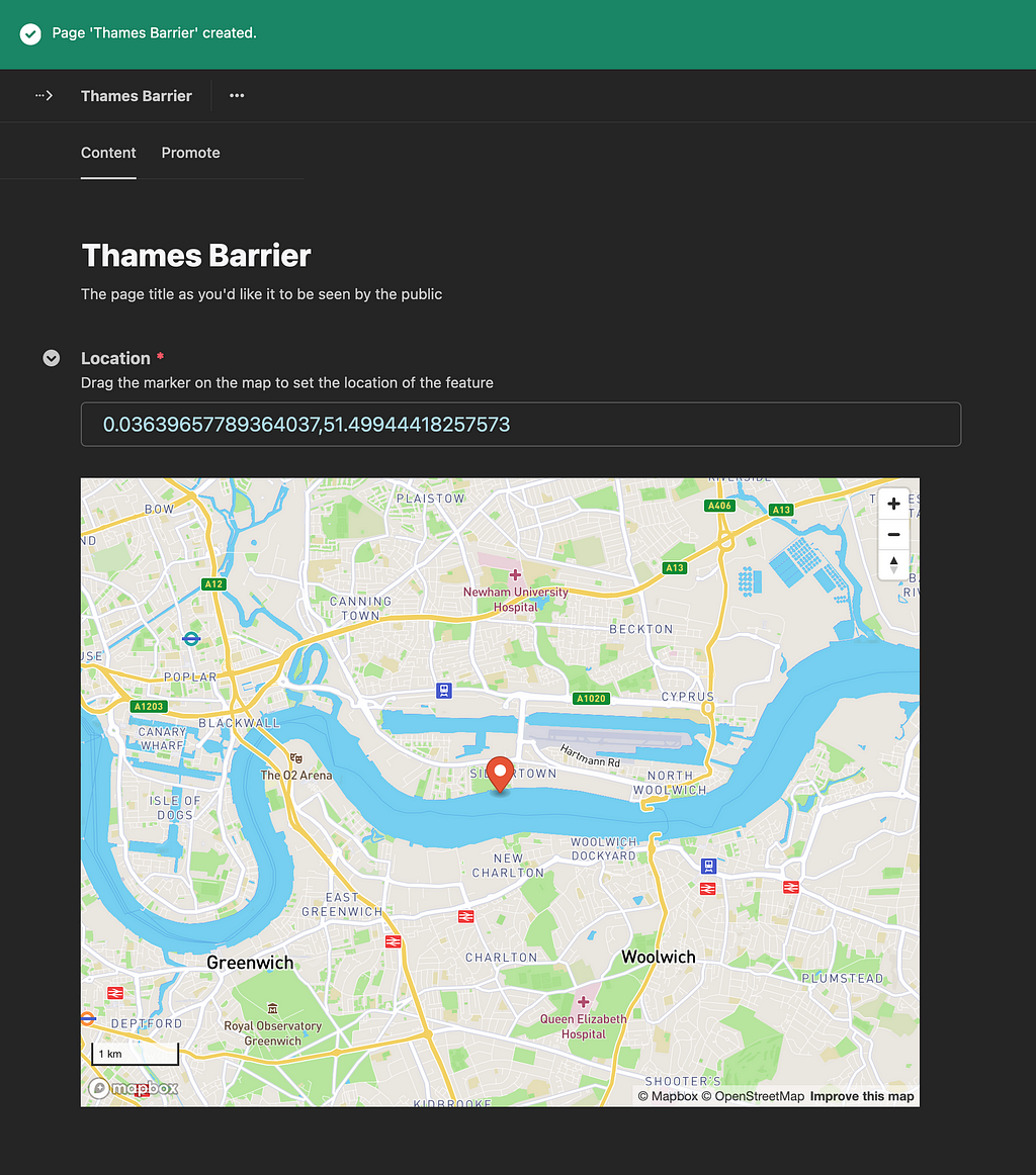 The admin area in Wagtail CMS, showing a map with saved location set.