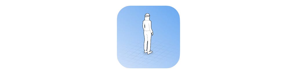 Illustration of person standing in empty room wearing Vision Pro headset with grid lines on the floor.