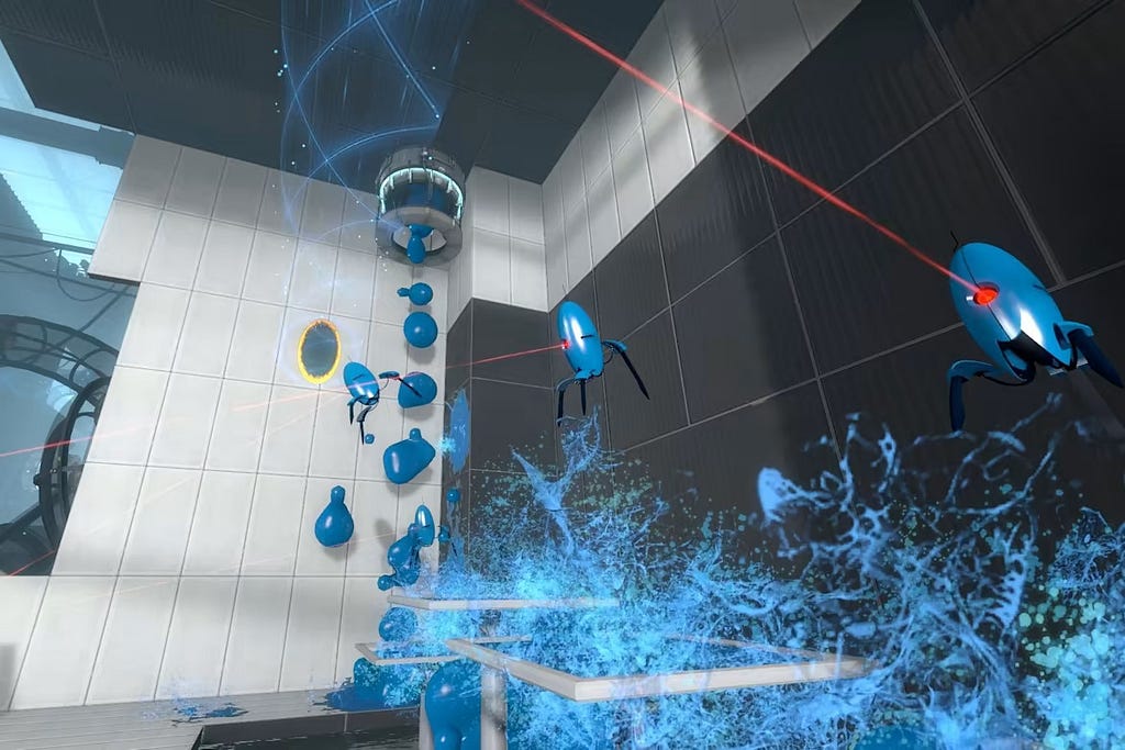 Portal 2, turrets falling out of portals on to bouncy pads