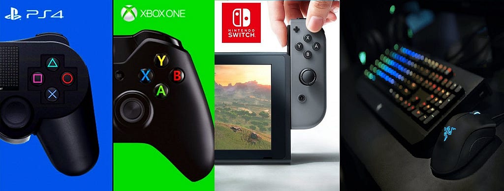 Image showing PS4, Xbox One, Switch controllers, and a PC keyboard.