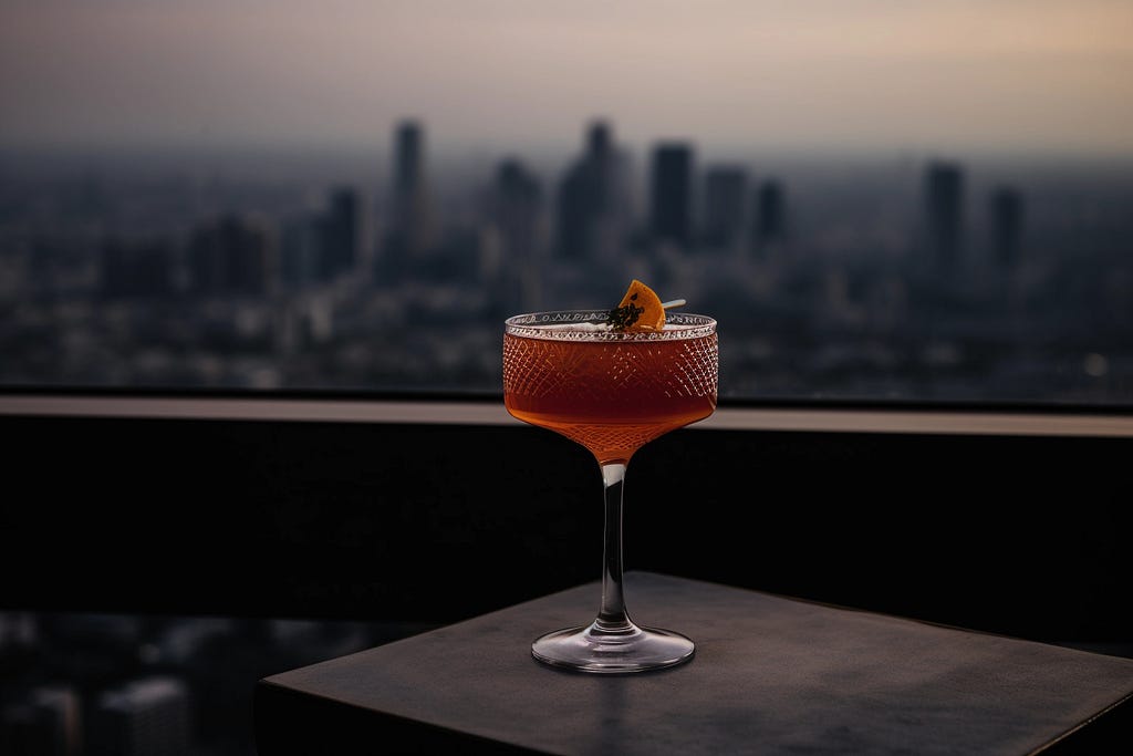 A cocktail glass on a table overlooking a skyline