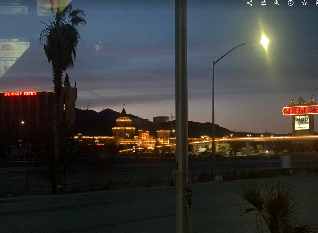 nighttime photo of Whiskey Pete’s casino in Primm NV with it’s lights on
