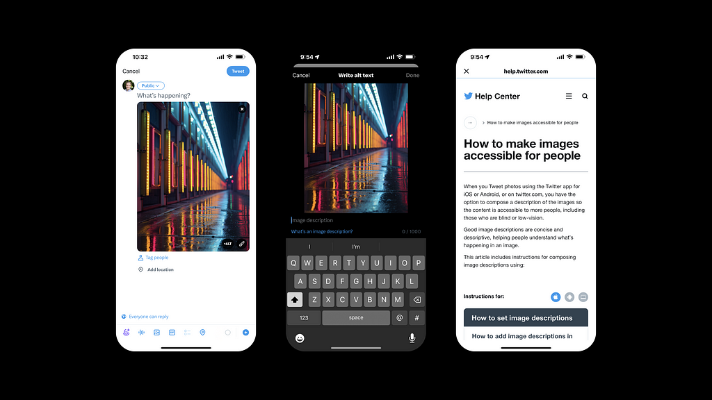 Three screenshots of the Twitter app. The first shows uploading an image as a post, with the “Alt” button clearly visible to add alt text. The second shows a dialog where you can input image alt text, it also contains a button that says “What’s an image description?”. The third screenshot shows a website title “How to make images accessible for people.”