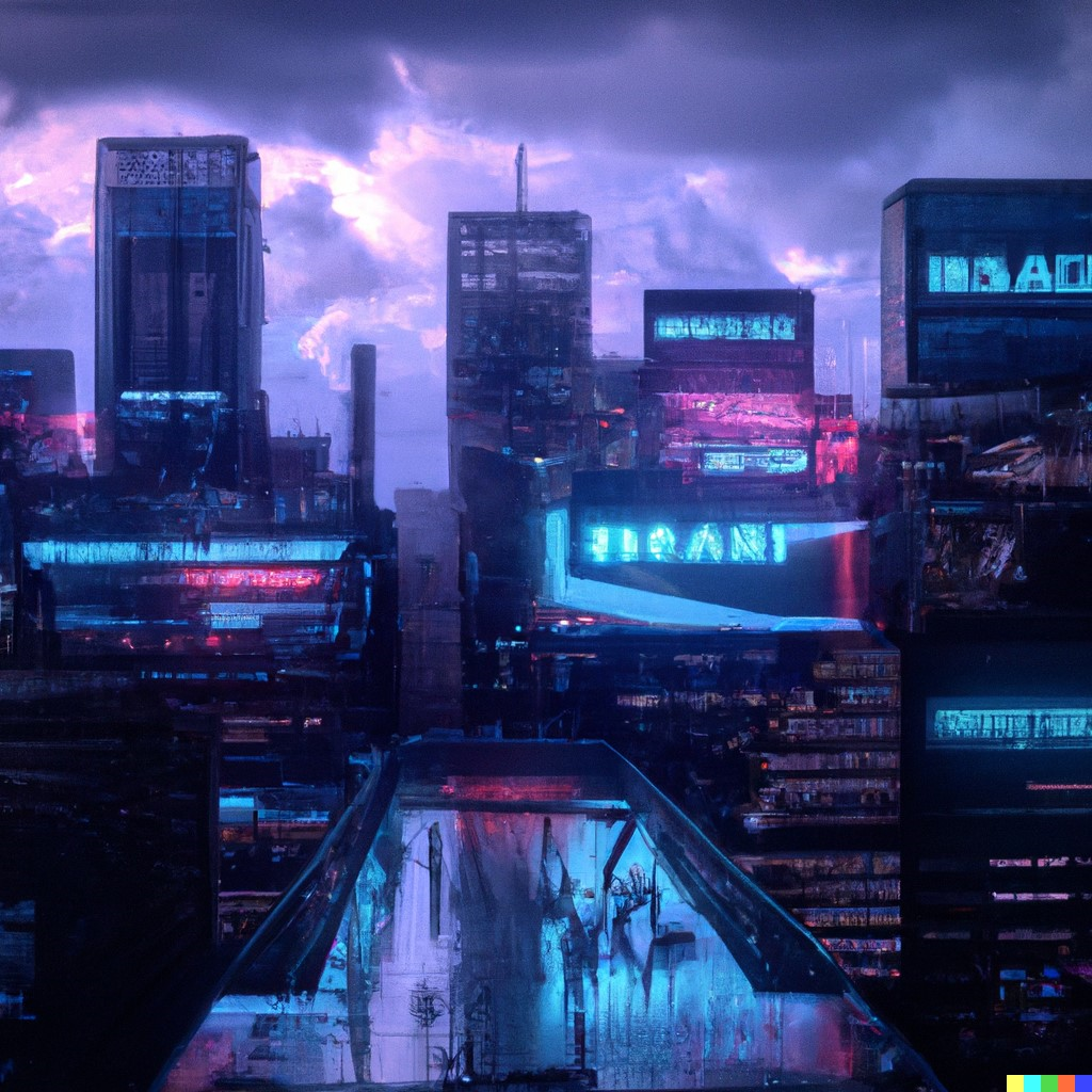 A landscape scene of a Dystopian cityscape with futuristic skyscrapers displaying holographic advertisements