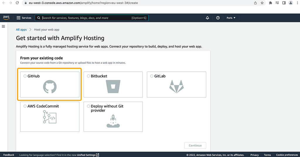 Git providers over AWS console for Amplify Hosting.