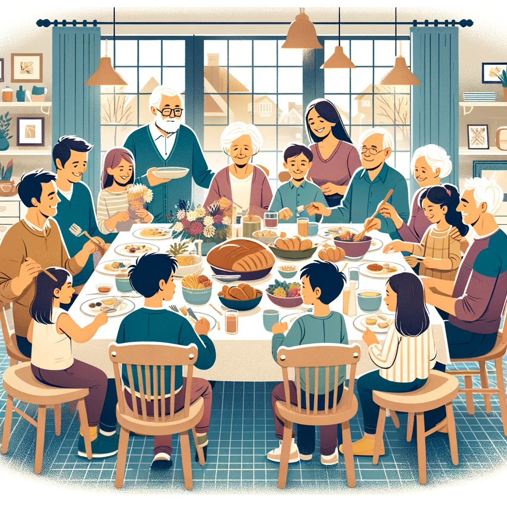 an illustration depicting a multi-generational family enjoying a dinner together. The warm and joyful atmosphere captures the essence of familial bonds and the importance of maintaining connections across generations.