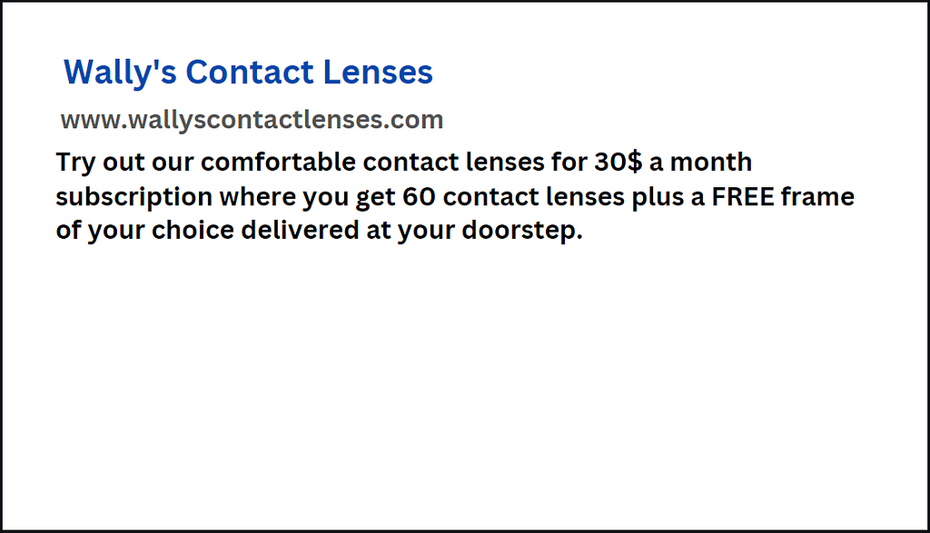 UX Writing headline & meta data prototype for a subscription based contact lens services. Designed in Canva by Ashoomi