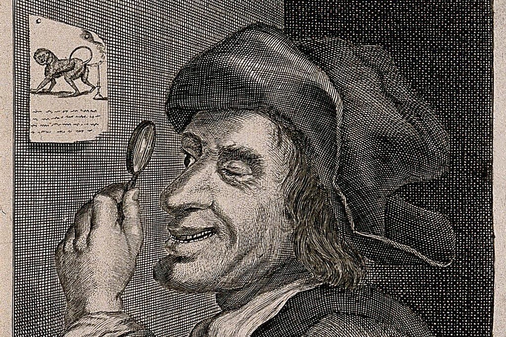 An etching of a man looking through a magnifying glass at a picture of a monkey, whose flatulence extinguishes the flame of a candle