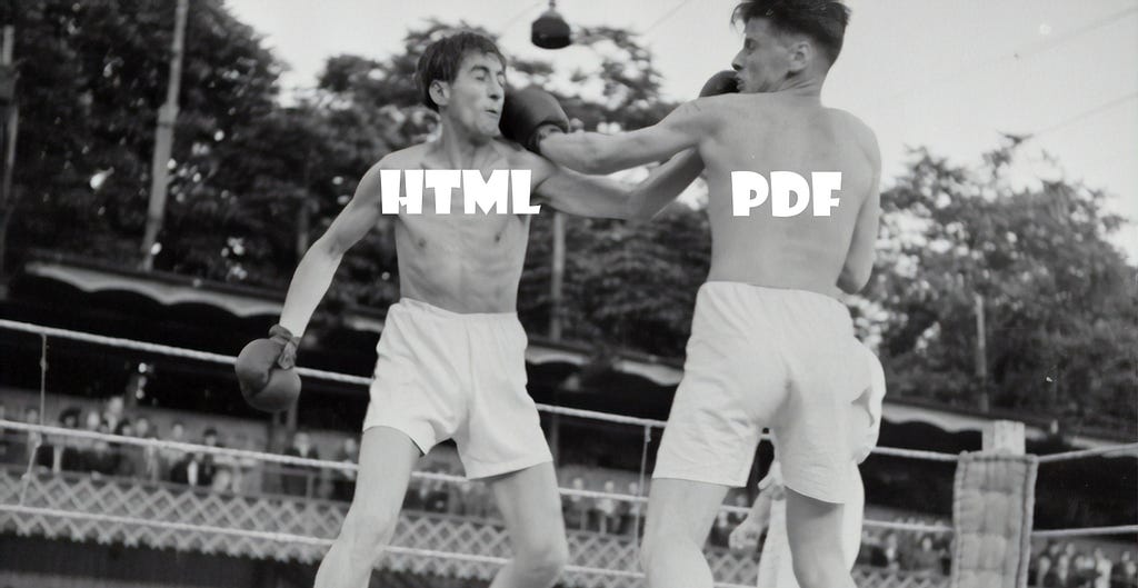 An old-school boxing match between the HTML and PDF file formats embodied as ring boxers.