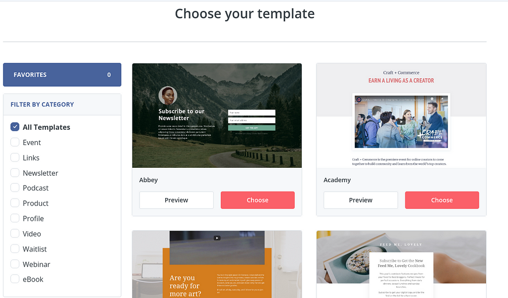 List of landing page templates from Convertkit