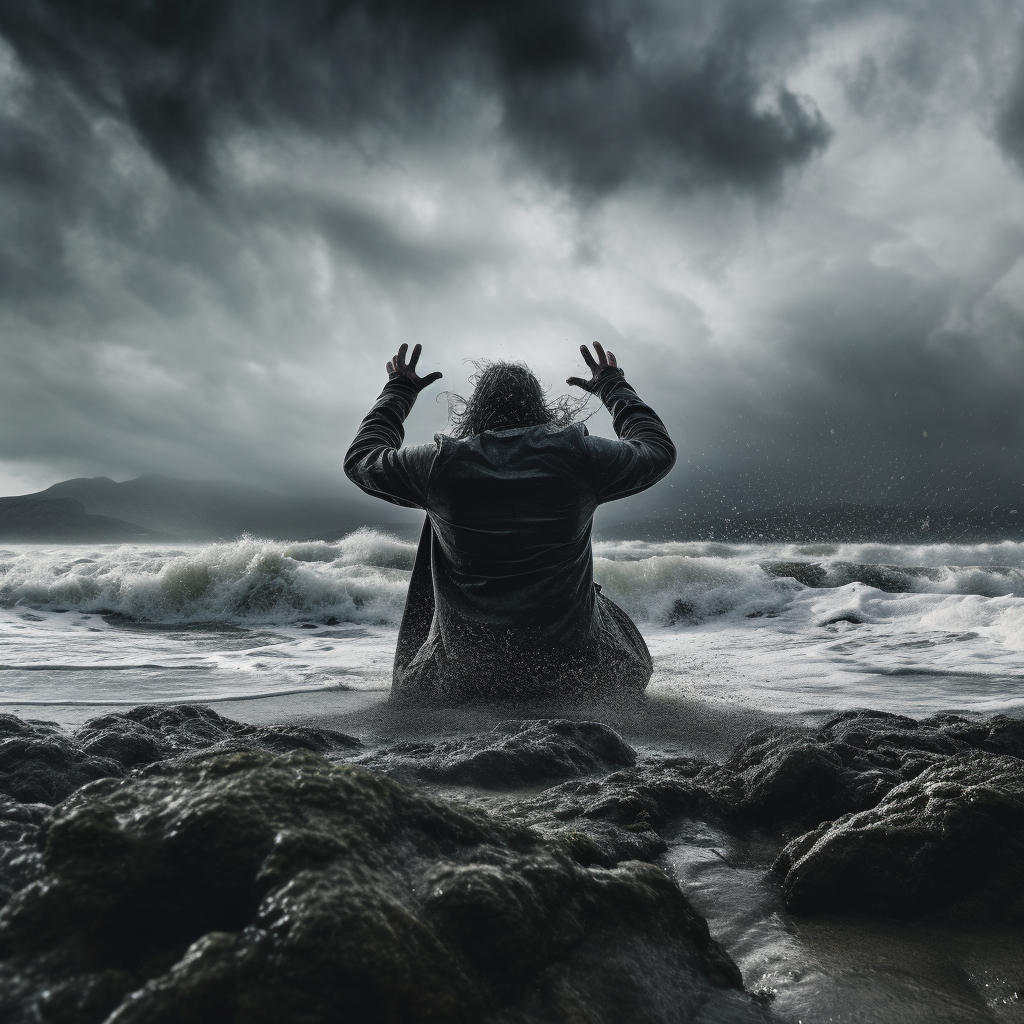 Lone figure near a stormy beach with crashing waves, atmosphere of drama, anger (generated by Midjourney)