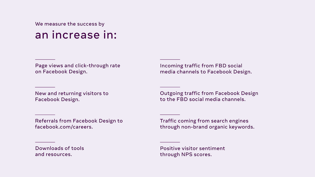 A slide from a Facebook internal presentation titled “we measure the success by an increase in” expressing metrics goals.