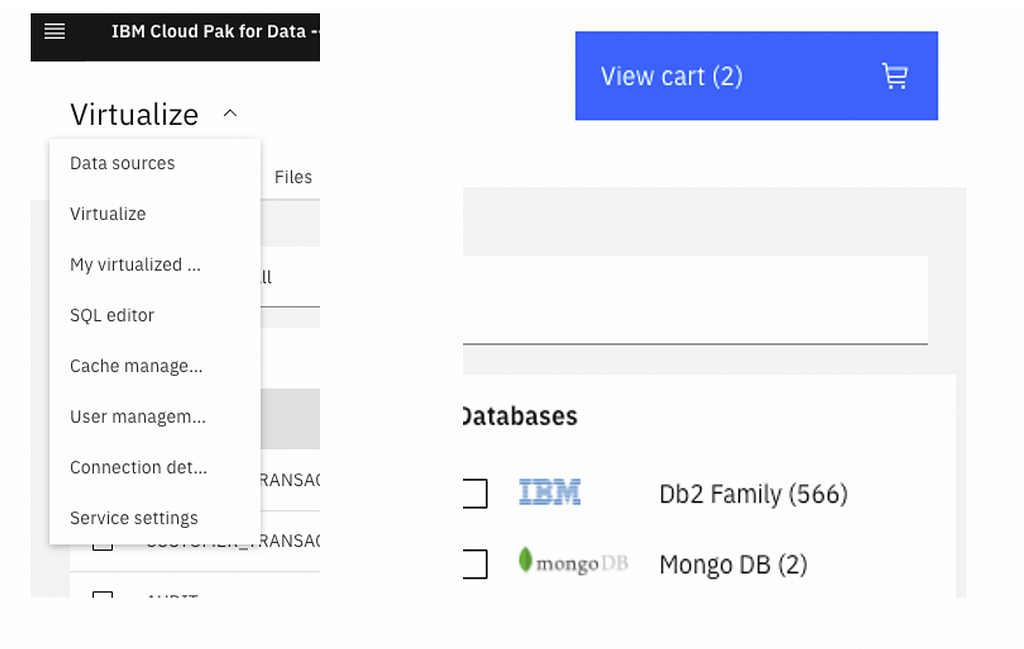 Screenshot from Data Virtualization landing page on Cloud Pak for Data platform.
