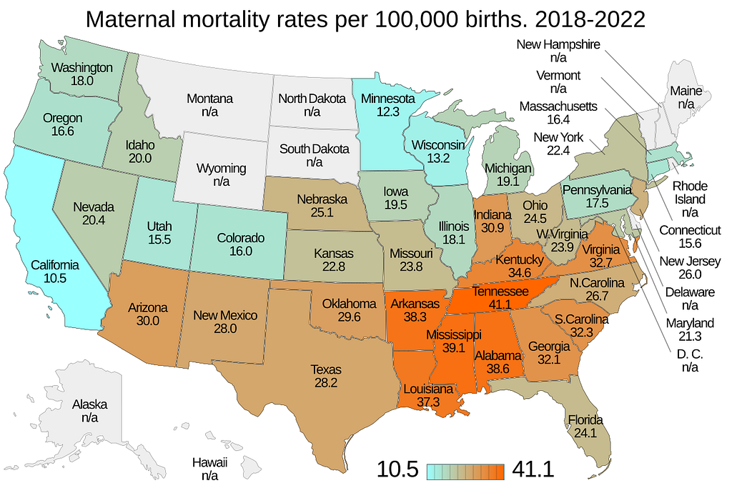 A map of the United States. Each state is labeled with their maternal mortality rate (if known) and colored on a scale from blue to red.