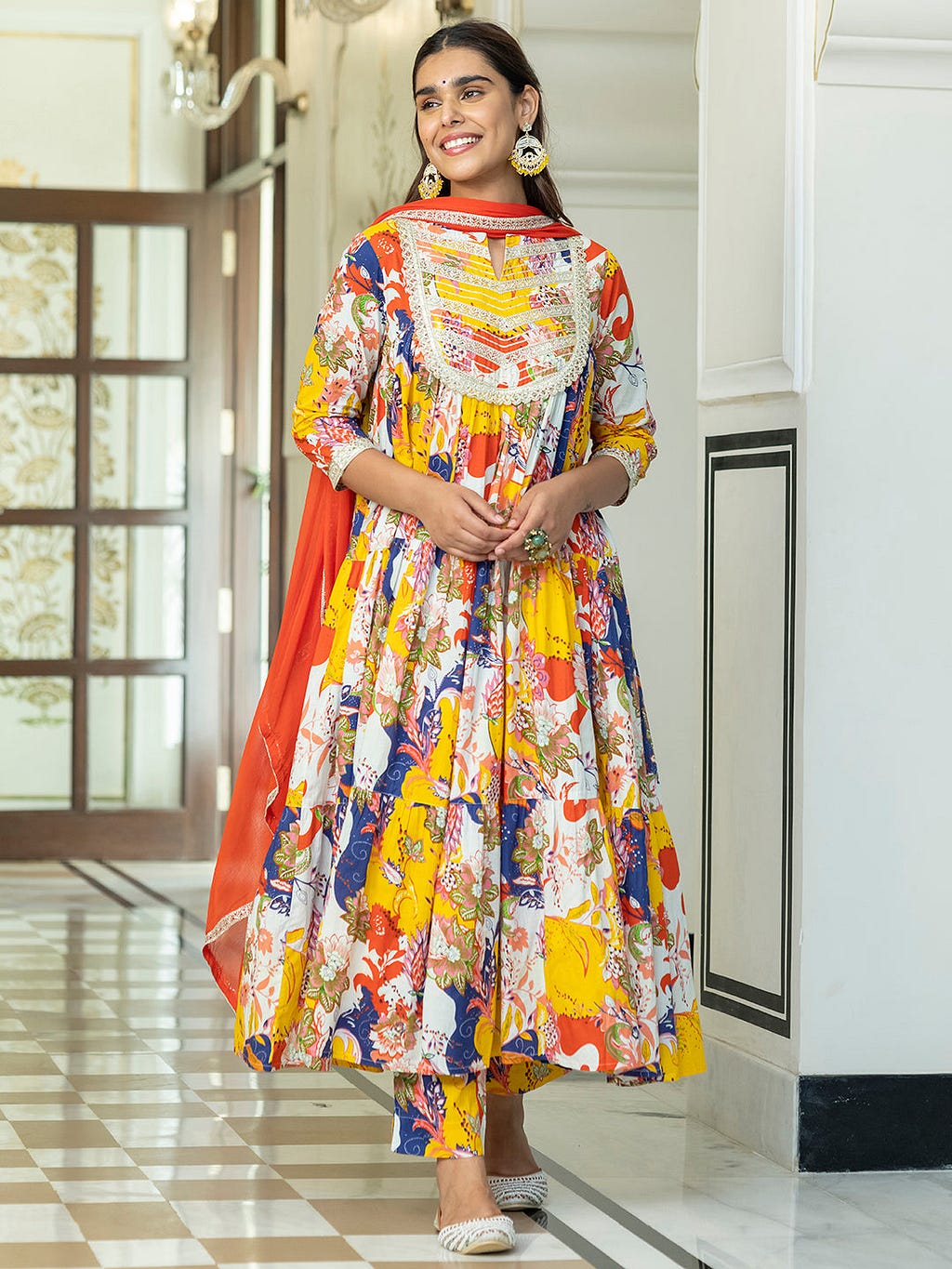 Multicolor Cotton Embellished Floral Printed Kurta With Pant And Dupatta