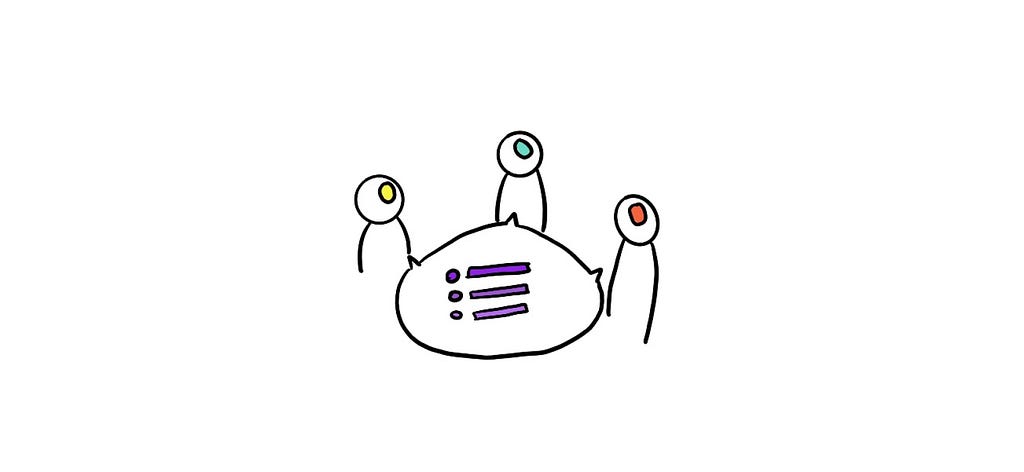 Hand drawing of 3 persons sitting around a table and agreeing on things, shown in a common chat bubble