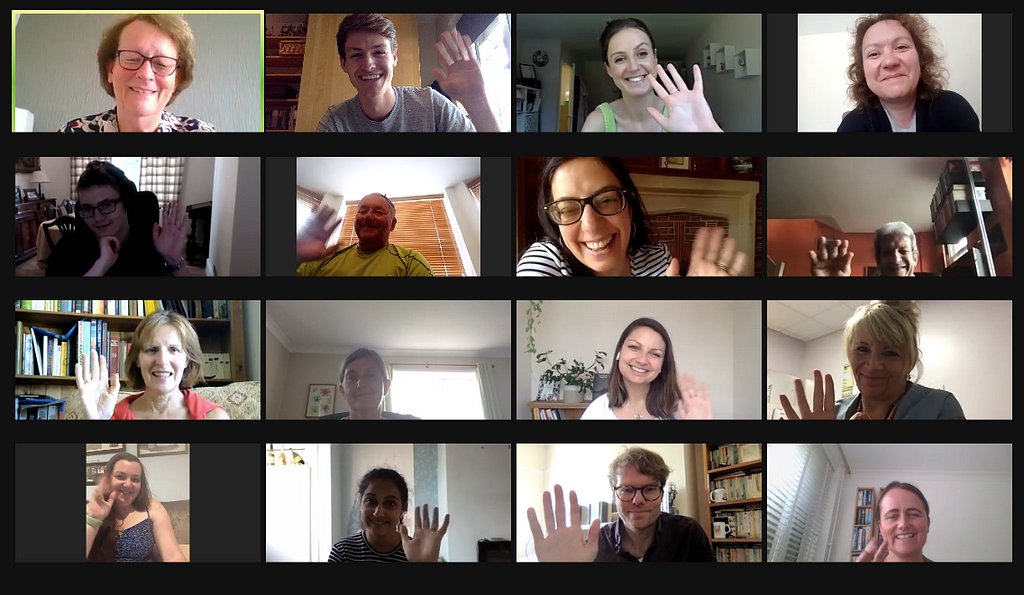 A screenshot of a Zoom call from one of the staff and patient workshops. 12 people smiling and waving to the camera at the end of the session.