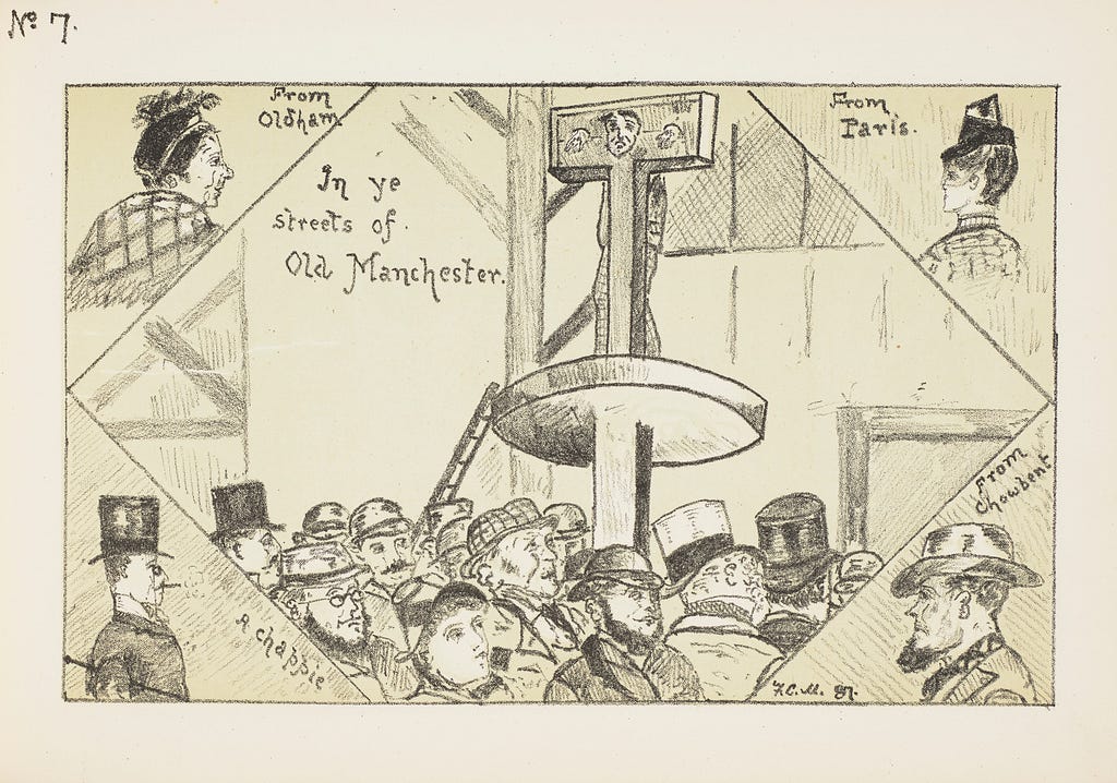 Central sketch of man in raised pillory, with crowd below. Four corner sketches, two of men, two of women, all in hats.