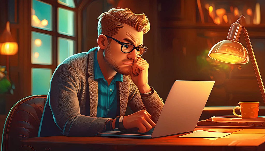 A young man with blonde hair, glasses, and a beard, sitting at a desk in a cozy, warmly lit room. He is intently focused on his laptop, with a serious expression and his chin resting on his hand. The setting includes a glowing desk lamp, a cup, and a background with soft, ambient lighting that creates a calm, studious atmosphere.