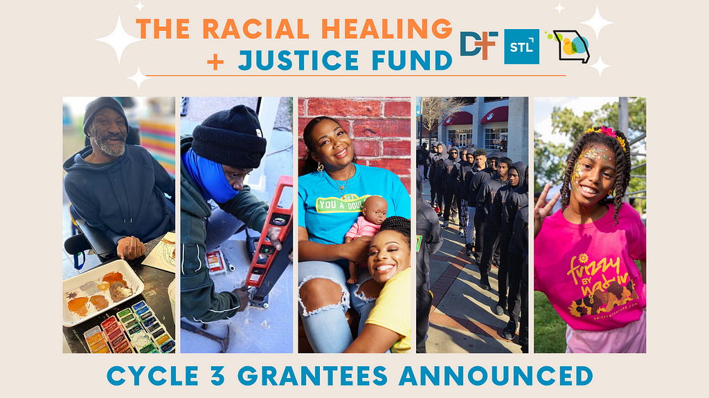 A graphic with a beige background and four portrait style photos of Racial Healing + Justice Fund Cycle 3 grantees in action, including an older Black man in a wheelchair who is painting, a young Black man using a level for construction, two Black women smiling with a baby doll, a row of young Black boys, and a young Black girl with twists and a pink shirt that says, “Frizzy By Nature.”