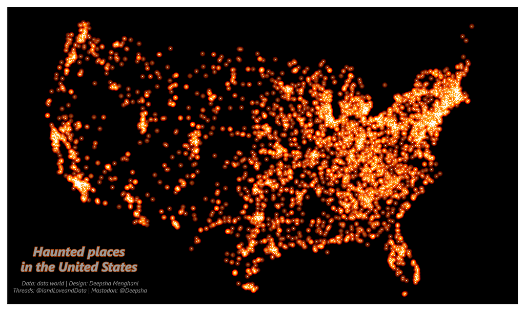 “Haunted places in the United States.” The map shows numerous bright orange dots, each representing a haunted location, spread across the country. The dots are especially concentrated in the eastern part of the US.