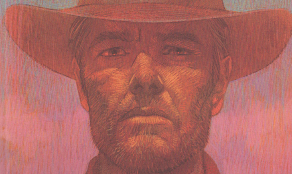 Close up drawing of a cowboy staring into the distance