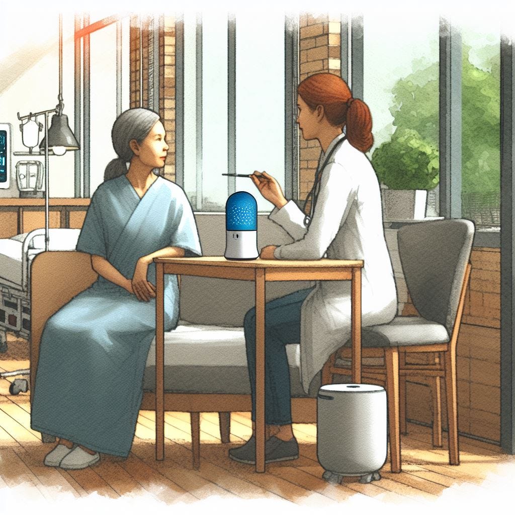 A woman patient meeting with a nurse in a clean and pleasant hospital with a smart speaker on the bedside table, 1970s watercolor concept art, created with generative AI.