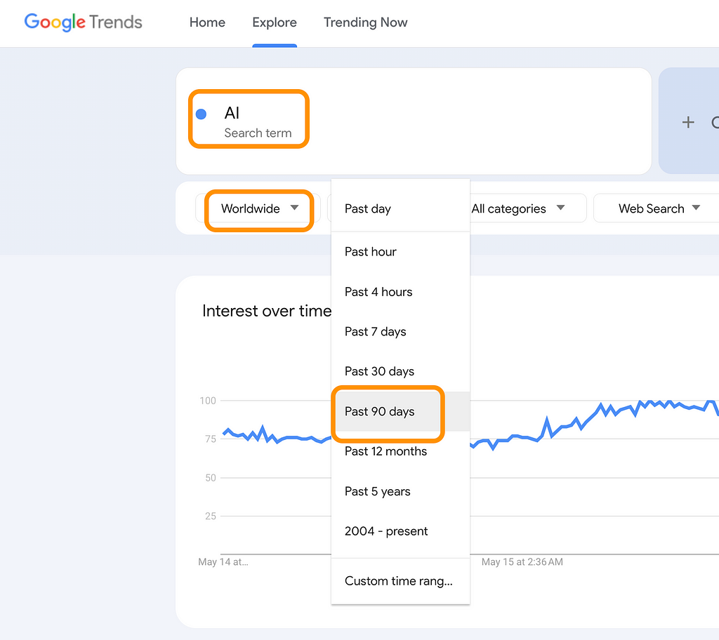 Setting location and time range on Google Trends