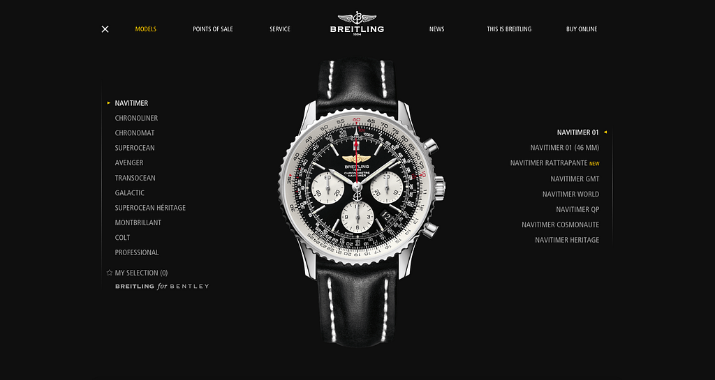 Breitling website with a watch on a dark background