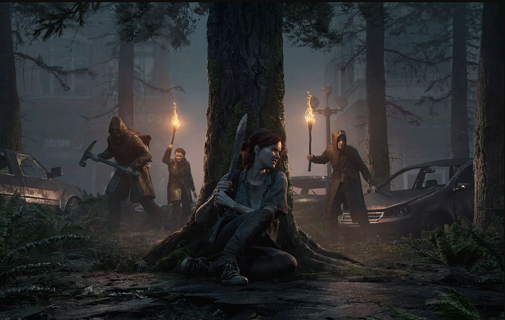 Promotional Image of The Last of Us Part 2, featuring Ellie (The main character) hiding behind a tree with a machete ready to ambush approaching enemies.