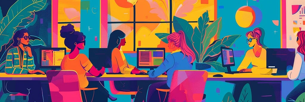 A colourful illustration of women working in a brightly coloured open-plan office space.